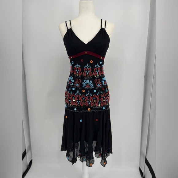 SUE WONG NOCTURNE Vintage Boho Southwest Beaded Silk Dress 6 Y2k Asymmetrical - Picture 2 of 13